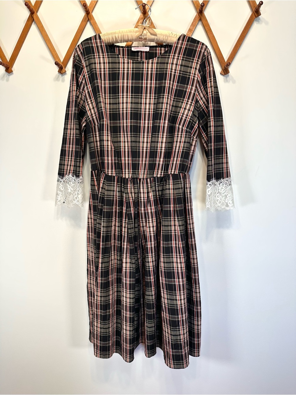 Loud Bodies Black Plaid Midi Dress with Lace Cuffs - XXL Collegiate Academia